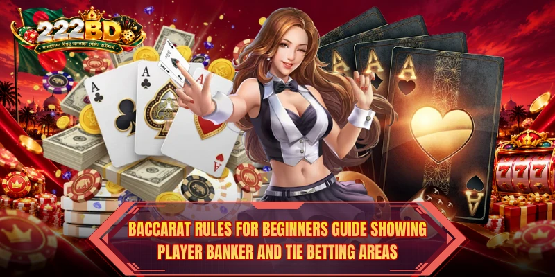 Baccarat Rules for Beginners guide showing Player Banker and Tie betting areas.