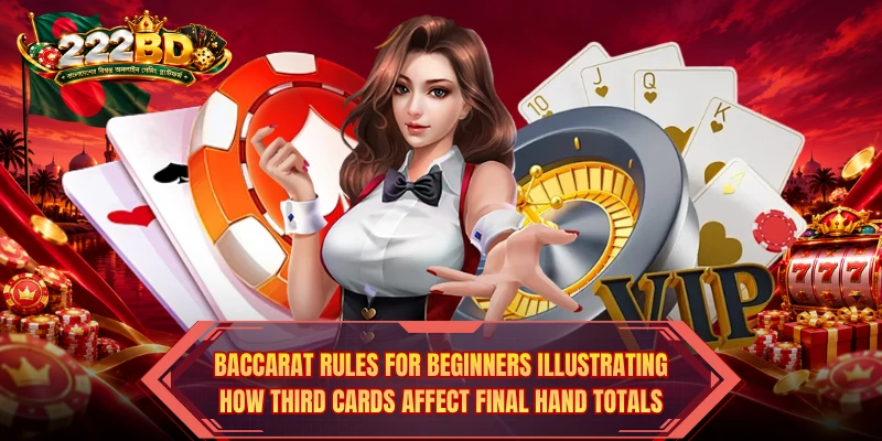 Baccarat Rules for Beginners illustrating how third cards affect final hand totals.