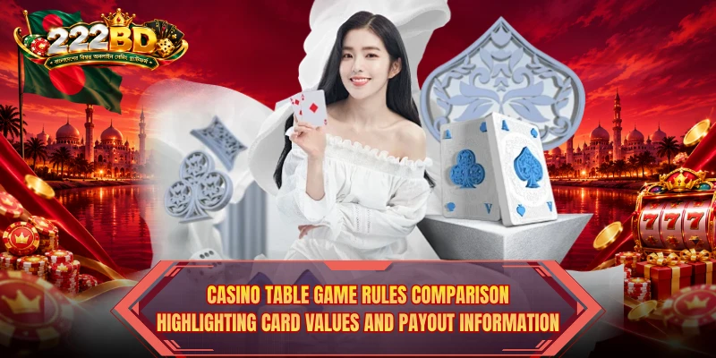 Casino Table Game Rules comparison highlighting card values and payout information. Casino Table Game Rules comparison highlighting card values and payout information.