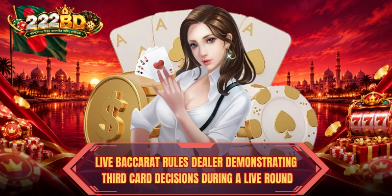 Live Baccarat Rules dealer demonstrating third card decisions during a live round