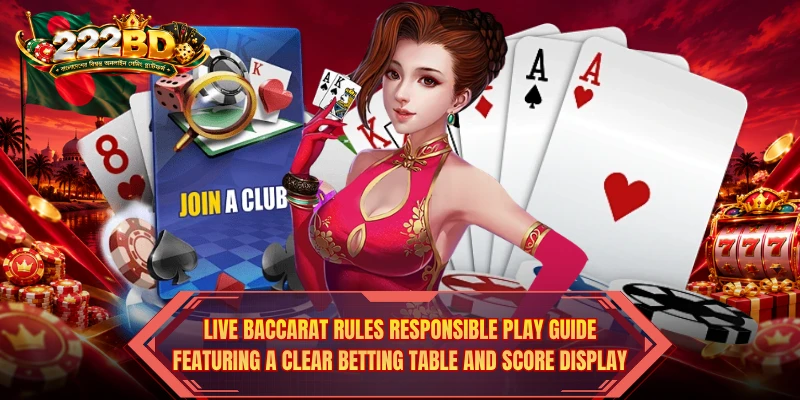 Live Baccarat Rules responsible play guide featuring a clear betting table and score display
