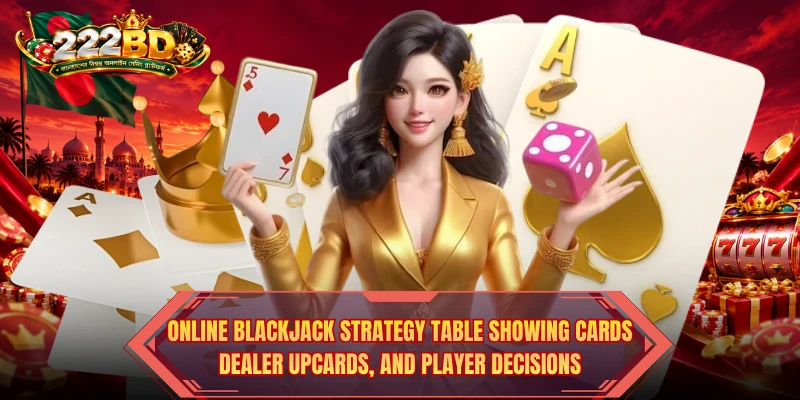 Online Blackjack Strategy table showing cards, dealer upcards, and player decisions Online Blackjack Strategy table showing cards, dealer upcards, and player decisions